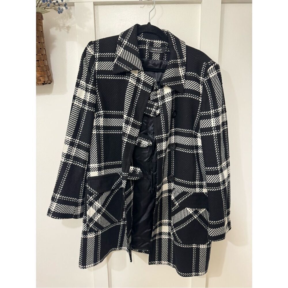 Vintage Tribal Black & White Plaid Pea Coat